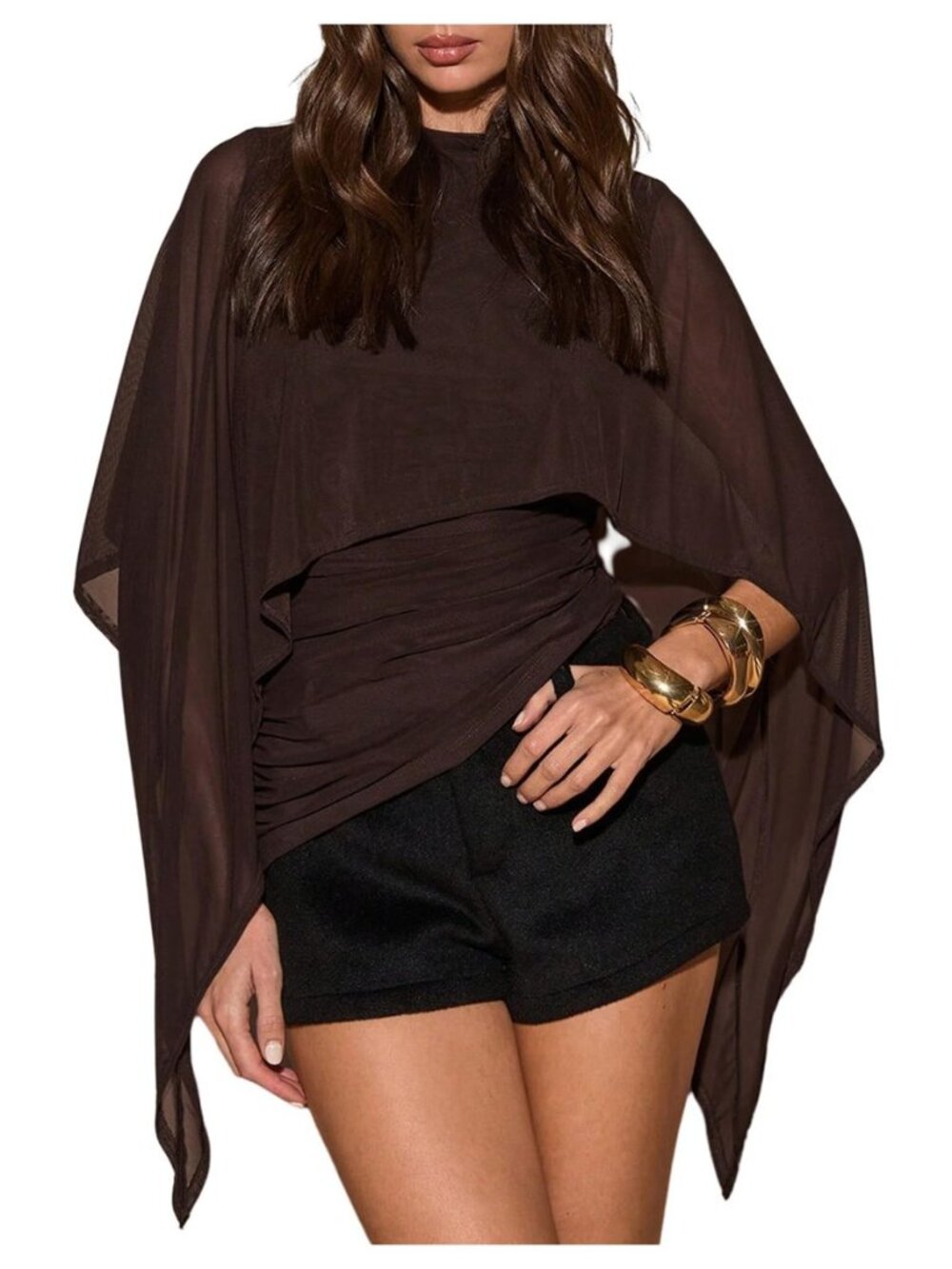 Women's Poncho Cape Top Y2k Asymmetrical Mesh Ruched Crewneck Fitted Night Out